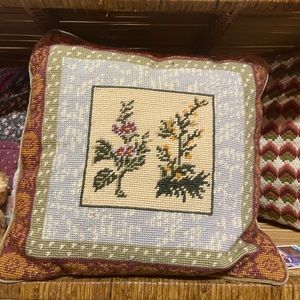 Vintage Needlepoint Embroidered Floral Throw Pillow